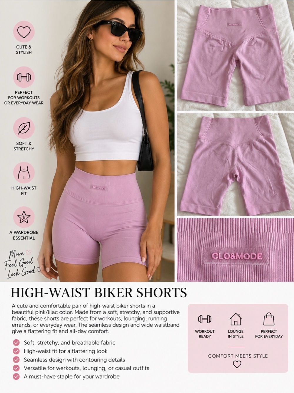 Clo&Mode High-Waist Biker Shorts - Pink Lilac